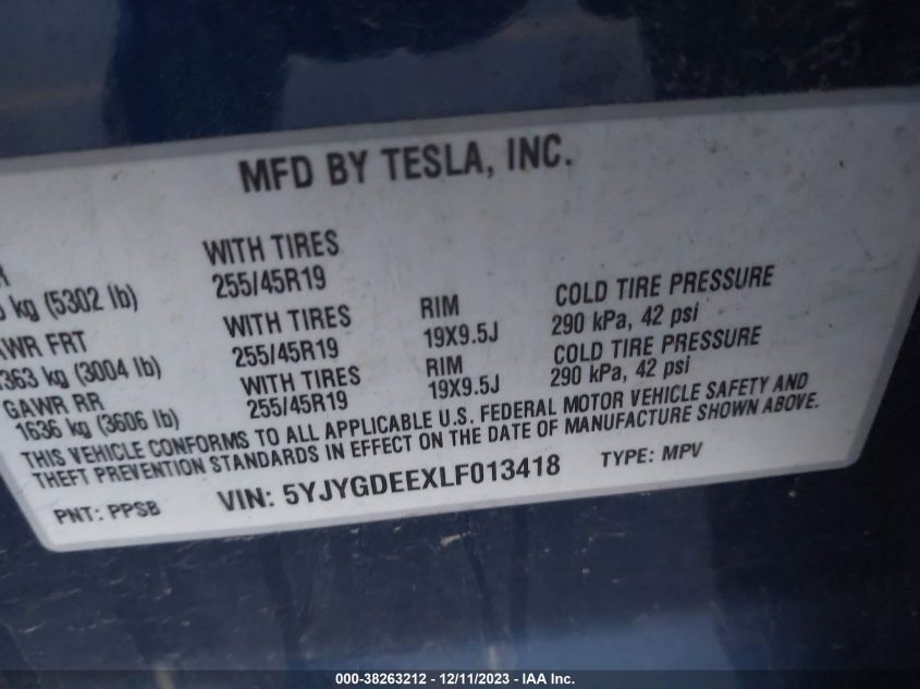 2020 TESLA MODEL Y - 5YJYGDEEXLF013418