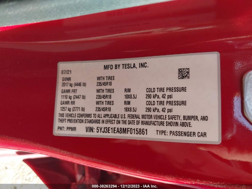 2021 TESLA MODEL 3 STANDARD RANGE PLUS REAR-WHEEL DRIVE - 5YJ3E1EA8MF015861