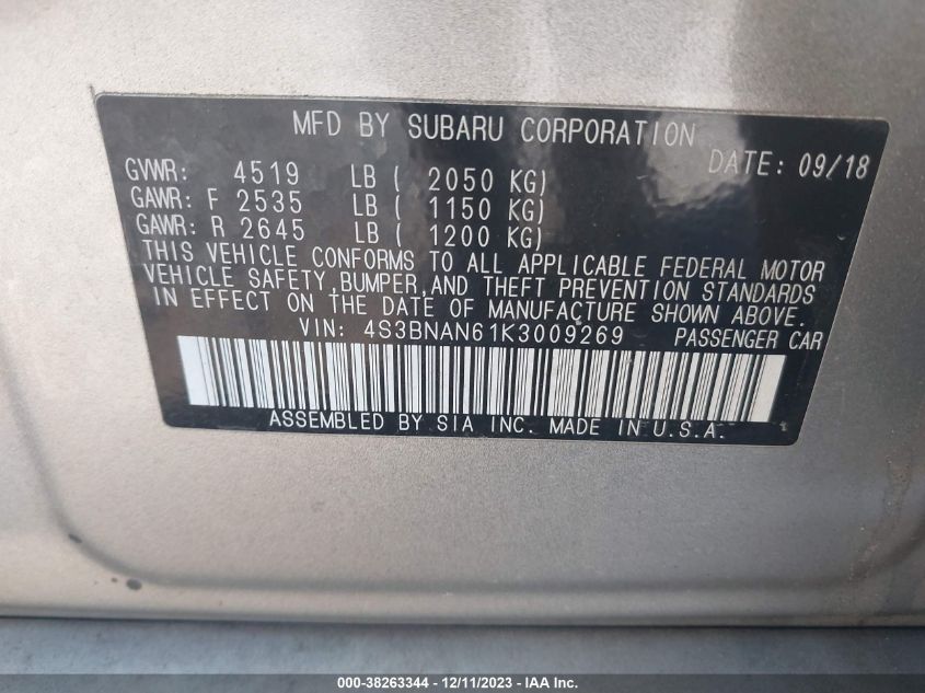 2019 SUBARU LEGACY 2.5I LIMITED - 4S3BNAN61K3009269