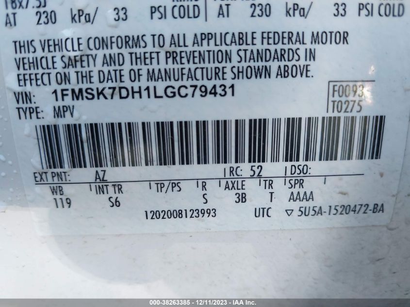 2020 FORD EXPLORER XLT - 1FMSK7DH1LGC79431