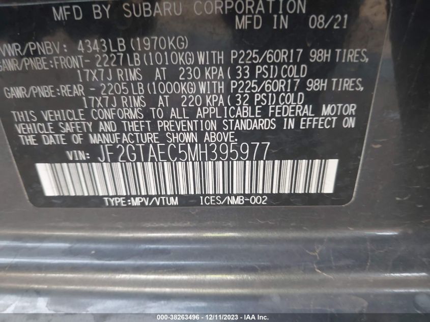 VIN JF2GTAEC5MH395977 2021 SUBARU CROSSTREK PREMIUM