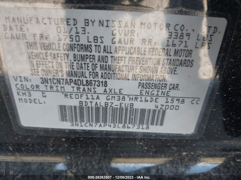 2013 NISSAN VERSA 1.6 SV - 3N1CN7AP4DL867318