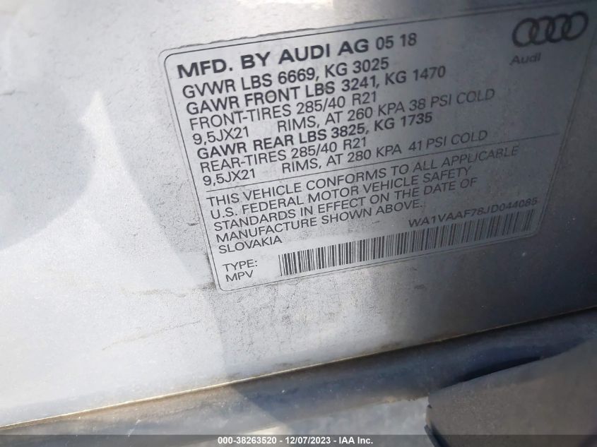 WA1VAAF78JD044085 2018 AUDI Q7, photo no. 9