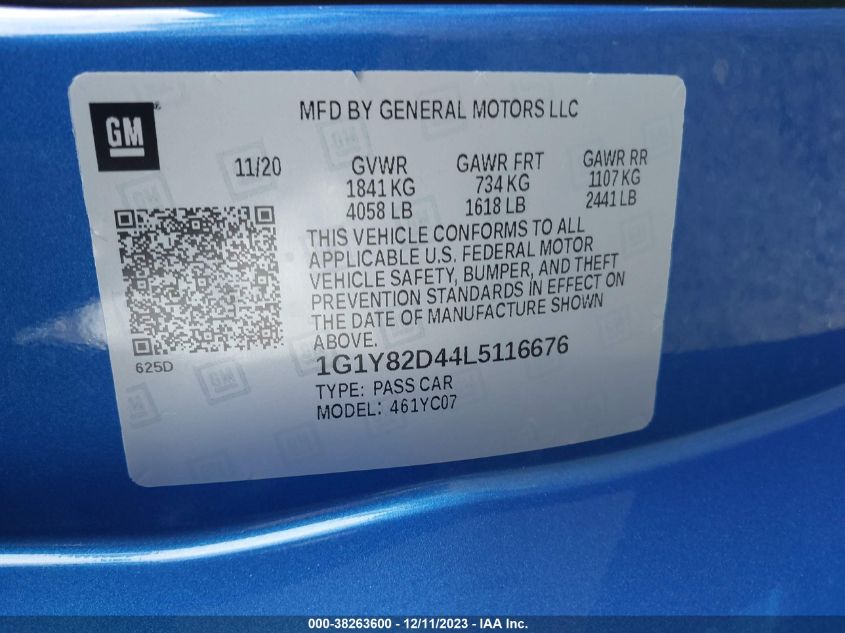 2020 CHEVROLET CORVETTE STINGRAY 1G1Y82D44L5116676