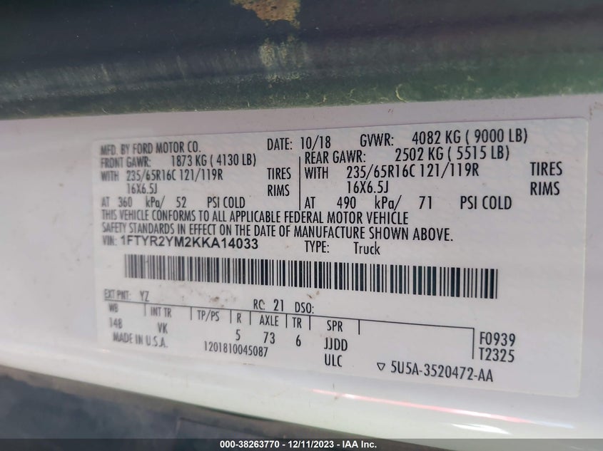 VIN 1FTYR2YM2KKA14033 2019 FORD TRANSIT-250