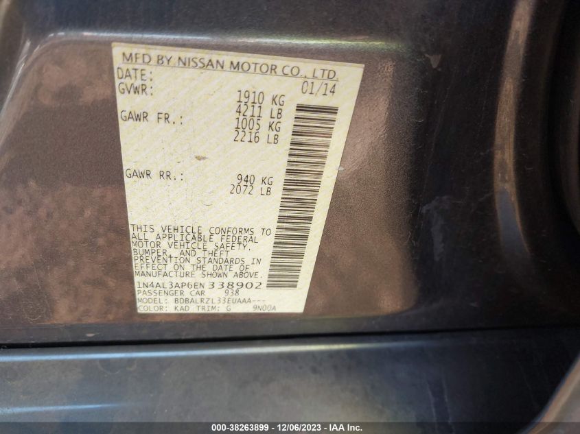2014 NISSAN ALTIMA 2.5/2.5 S/2.5 SL/2.5 SV - 1N4AL3AP6EN338902