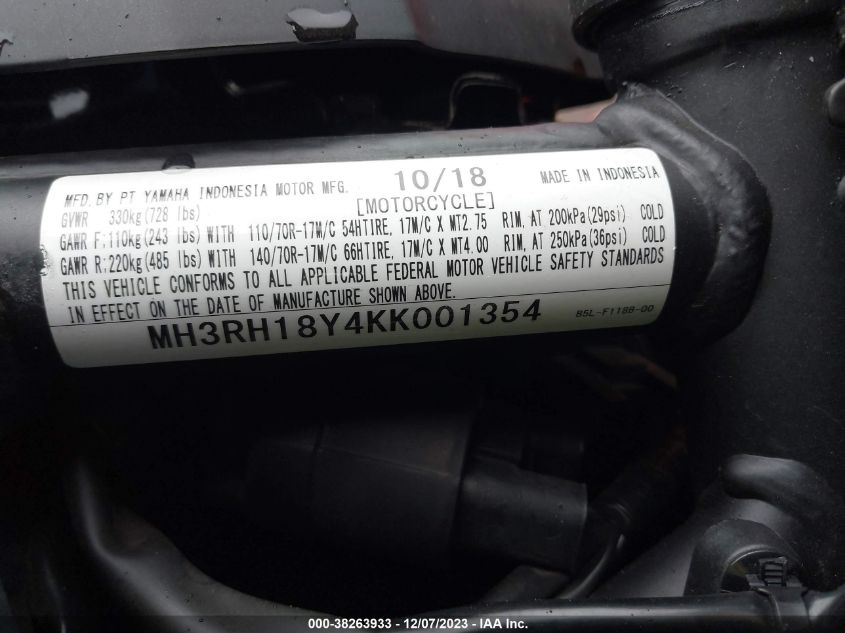2019 YAMAHA YZFR3 A MH3RH18Y4KK001354