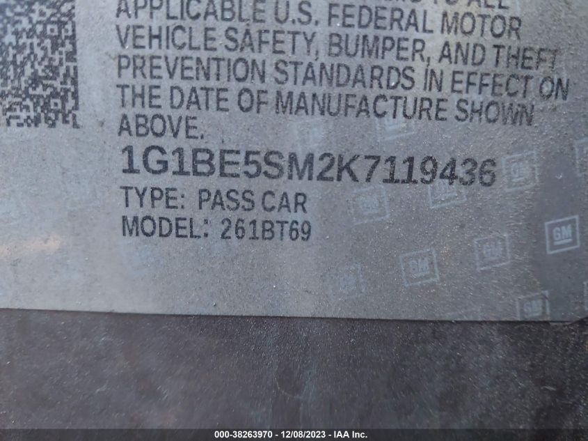 2019 CHEVROLET CRUZE LT - 1G1BE5SM2K7119436