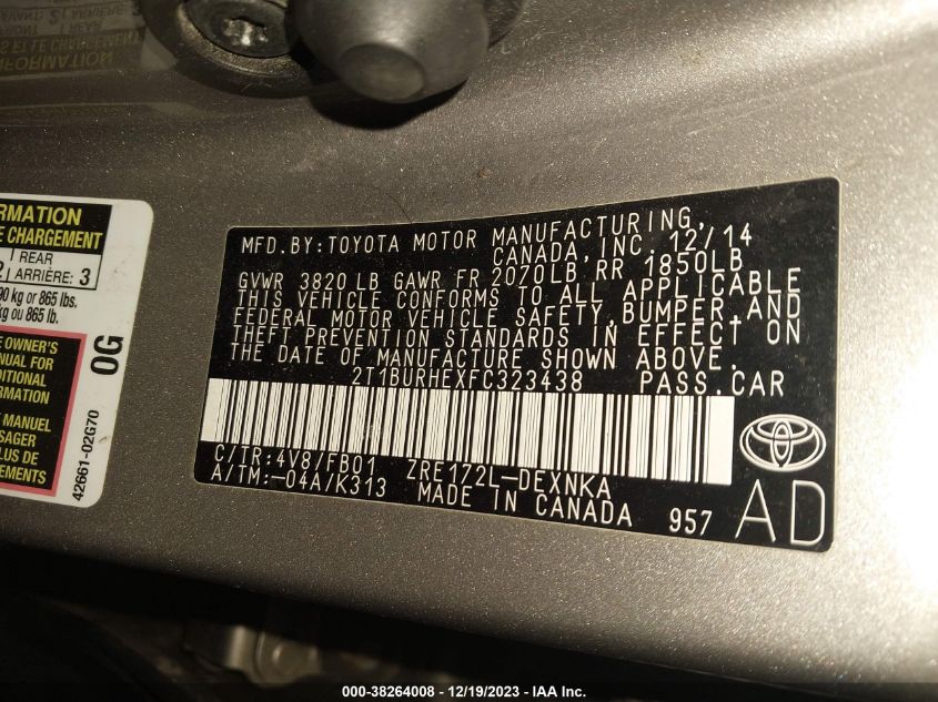 2015 TOYOTA COROLLA LE - 2T1BURHEXFC323438