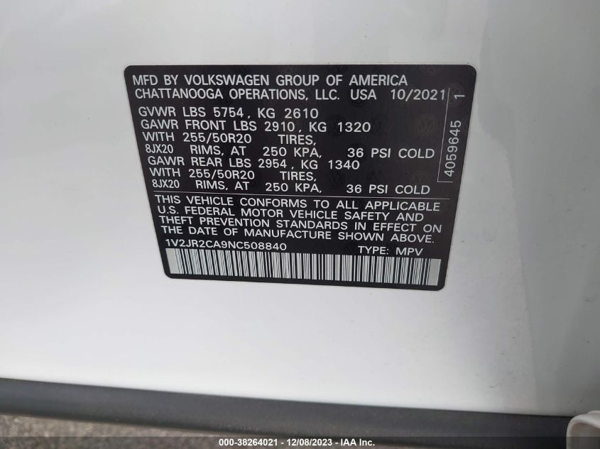 2022 VOLKSWAGEN ATLAS SE - 1V2JR2CA9NC508840