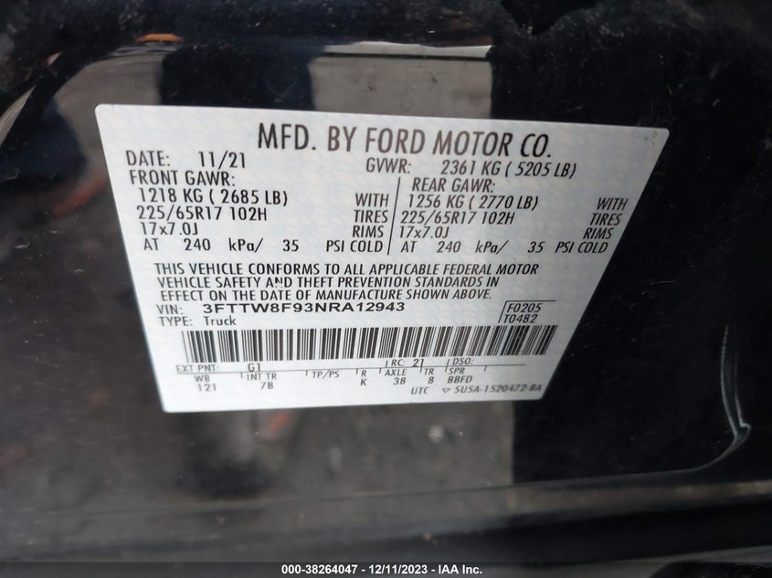 VIN 3FTTW8F93NRA12943 2022 FORD MAVERICK XLT