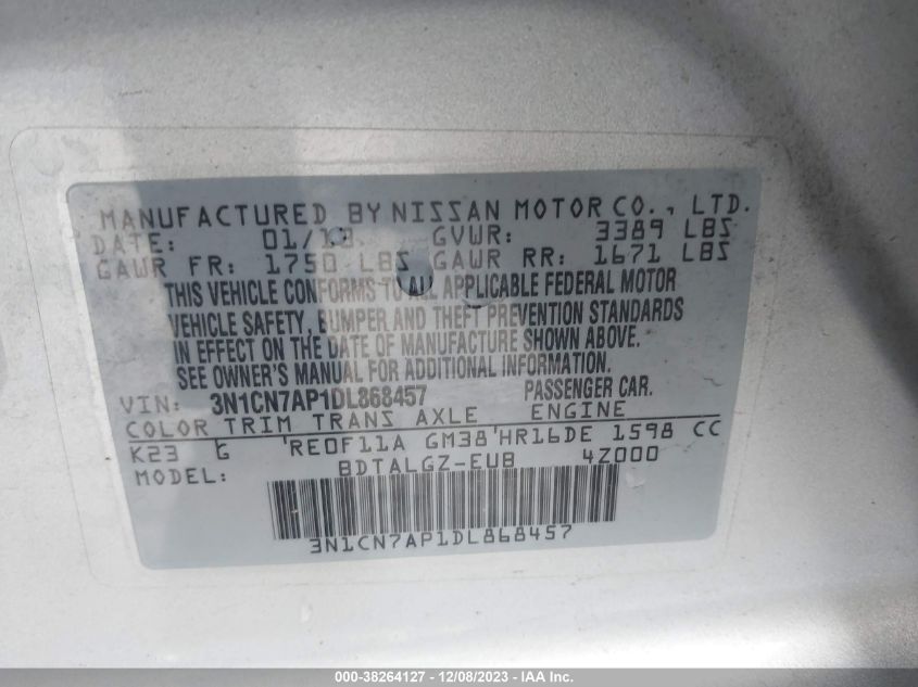 2013 NISSAN VERSA 1.6 SL - 3N1CN7AP1DL868457