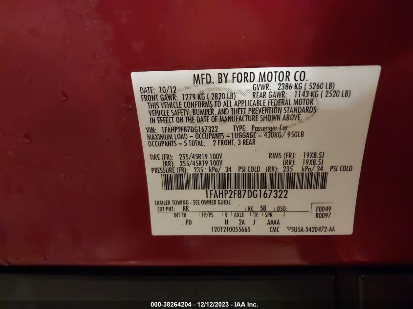 2013 FORD TAURUS LIMITED - 1FAHP2F87DG167322