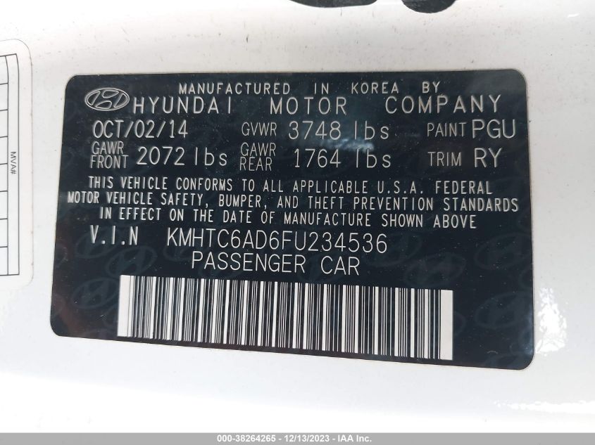 2015 HYUNDAI VELOSTER - KMHTC6AD6FU234536