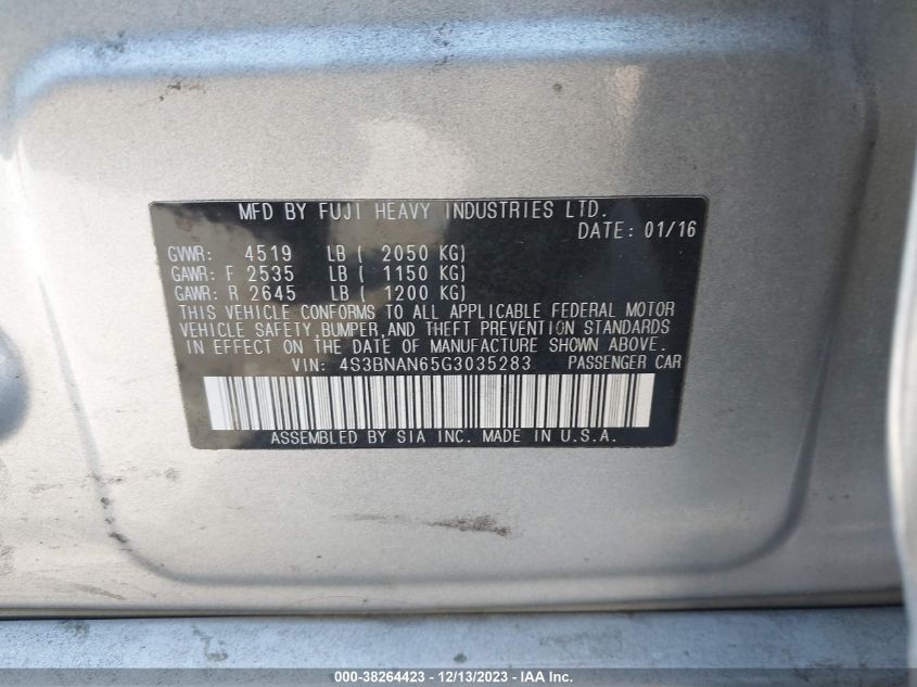 2016 SUBARU LEGACY 2.5I LIMITED - 4S3BNAN65G3035283