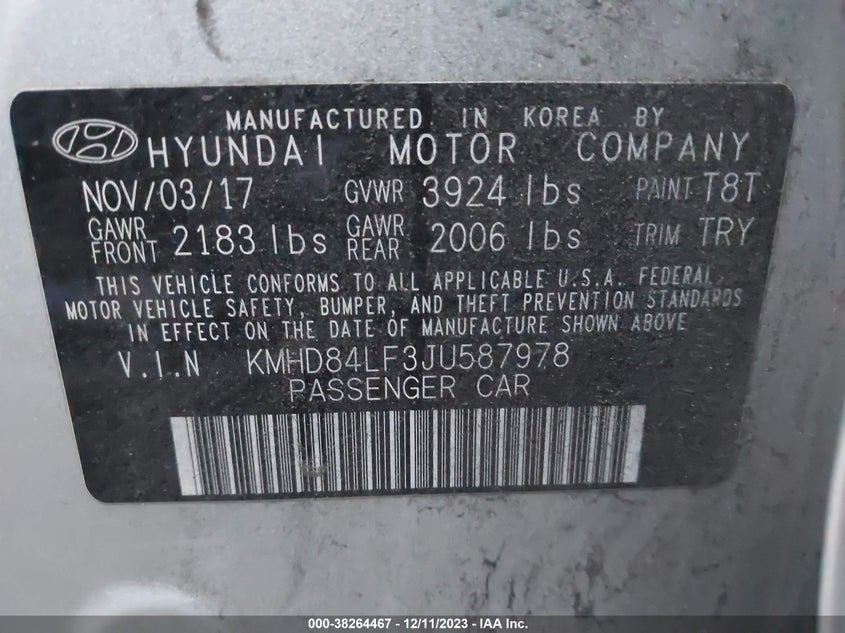 VIN KMHD84LF3JU587978 2018 HYUNDAI ELANTRA SEL/VALUE/LIMITED