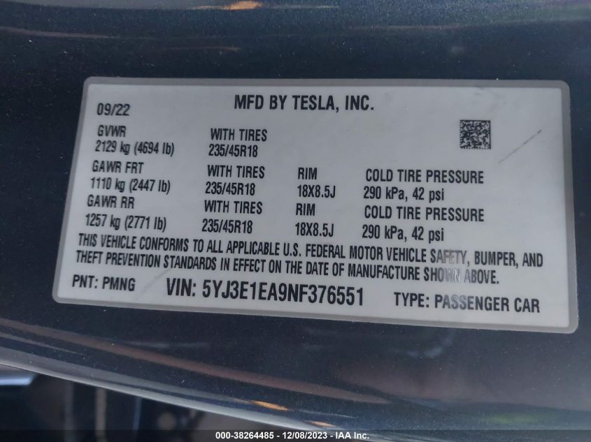 2022 TESLA MODEL 3 REAR-WHEEL DRIVE - 5YJ3E1EA9NF376551