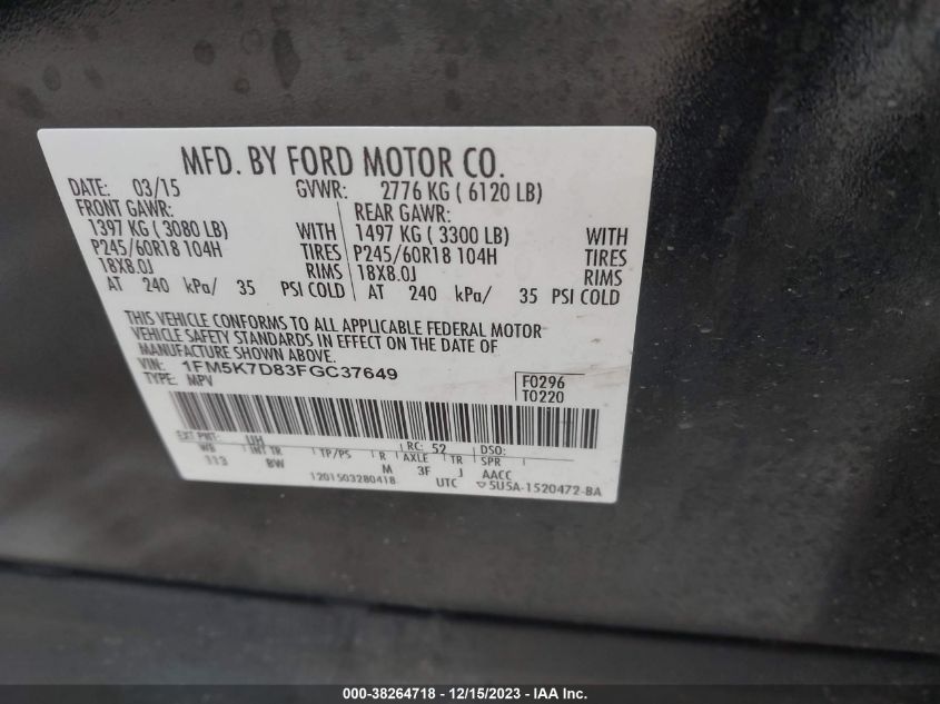 2015 FORD EXPLORER XLT - 1FM5K7D83FGC37649