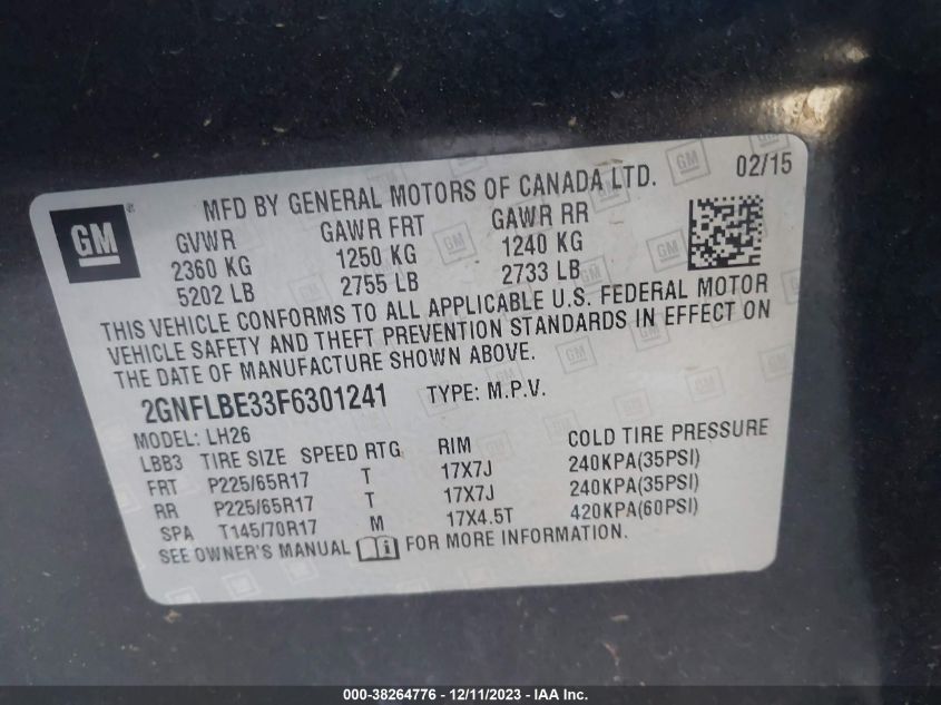 2015 CHEVROLET EQUINOX LT - 2GNFLBE33F6301241