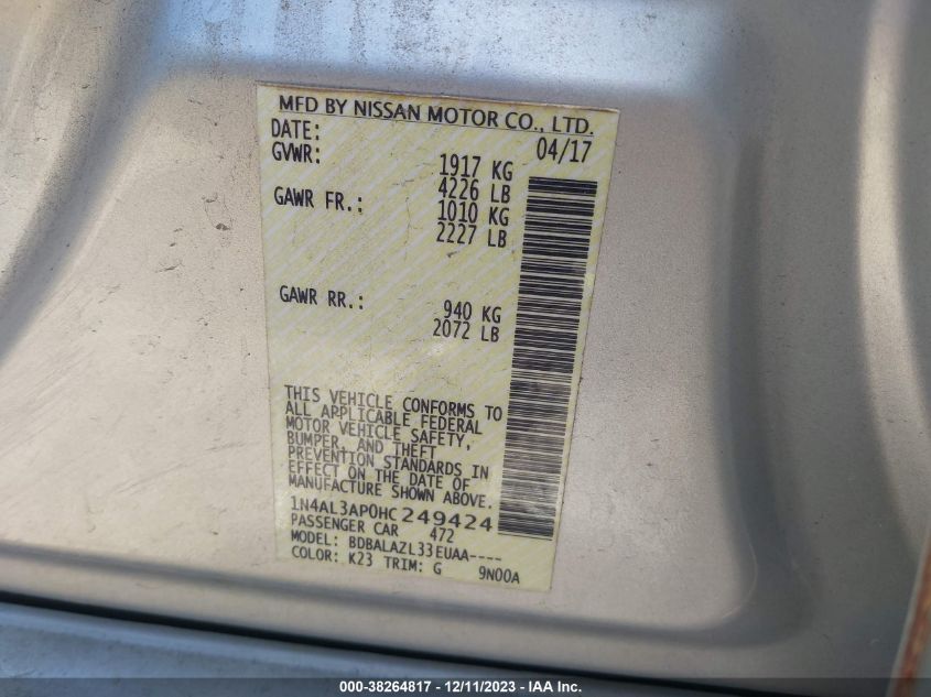 2017 NISSAN ALTIMA 2.5 - 1N4AL3AP0HC249424