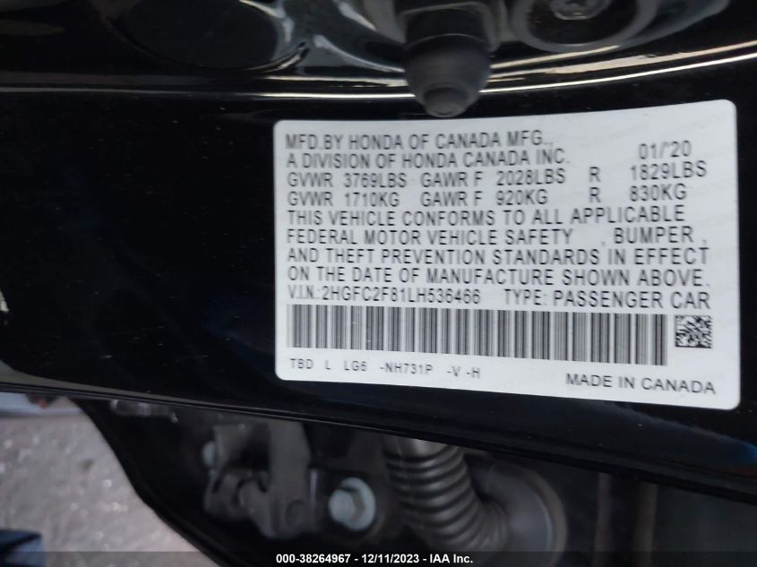 2020 HONDA CIVIC SPORT - 2HGFC2F81LH536466