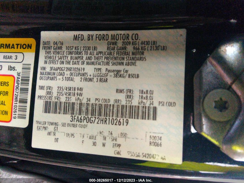 2017 FORD FUSION S - 3FA6P0G72HR102619