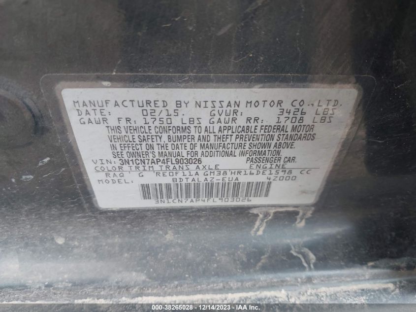 2015 NISSAN VERSA 1.6 S+ - 3N1CN7AP4FL903026