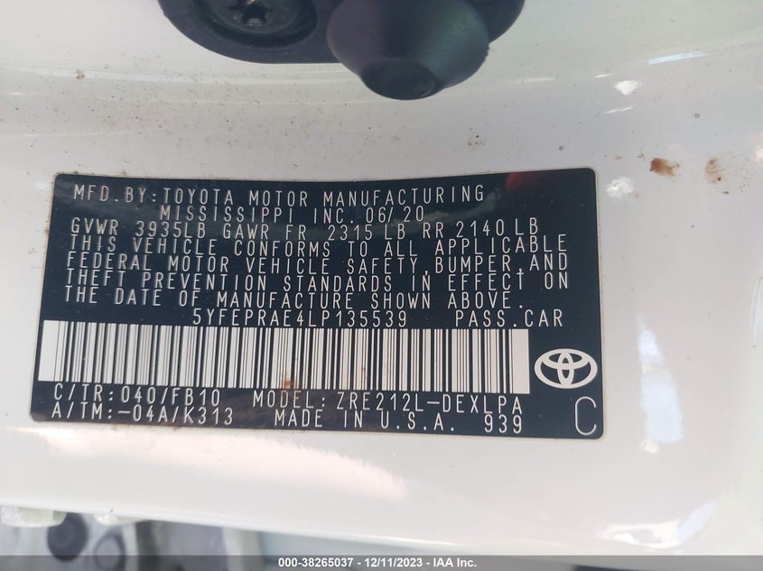 VIN 5YFETRAE4LP135539 2020 TOYOTA COROLLA