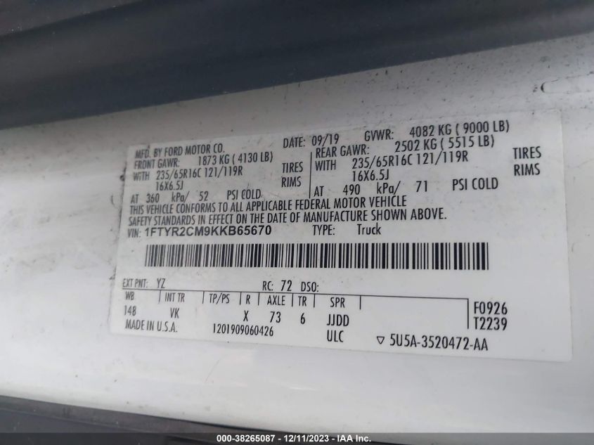 2019 FORD TRANSIT-250 - 1FTYR2CM9KKB65670