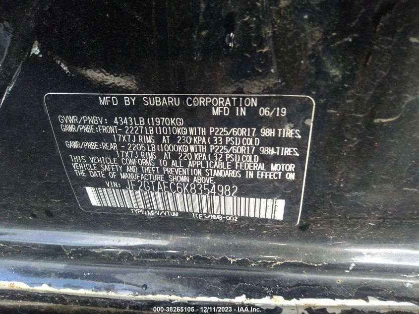 2019 SUBARU CROSSTREK 2.0I PREMIUM - JF2GTAEC6K8354982