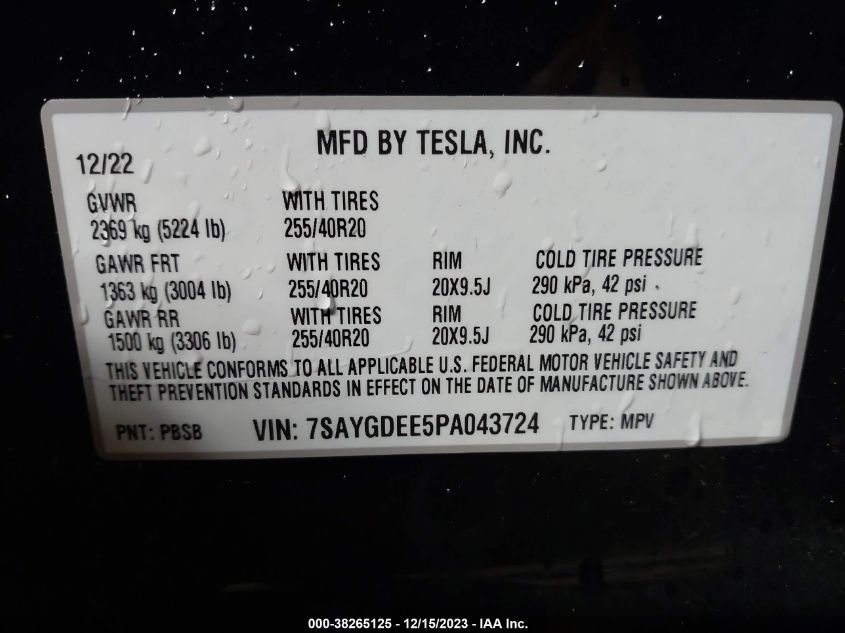 2023 TESLA MODEL Y AWD/LONG RANGE DUAL MOTOR ALL-WHEEL DRIVE - 7SAYGDEE5PA043724