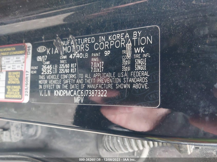 VIN KNDPMCAC6J7387322 2018 KIA SPORTAGE LX