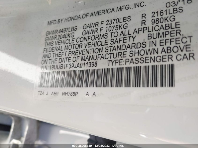 2018 ACURA TLX - 19UUB1F39JA011398
