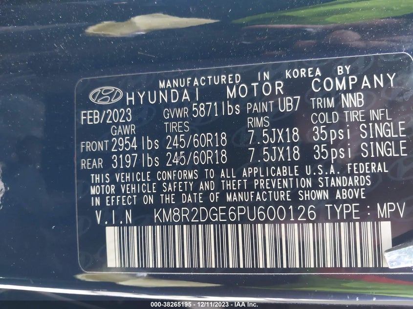 VIN KM8R2DGE6PU600126 2023 HYUNDAI PALISADE SEL