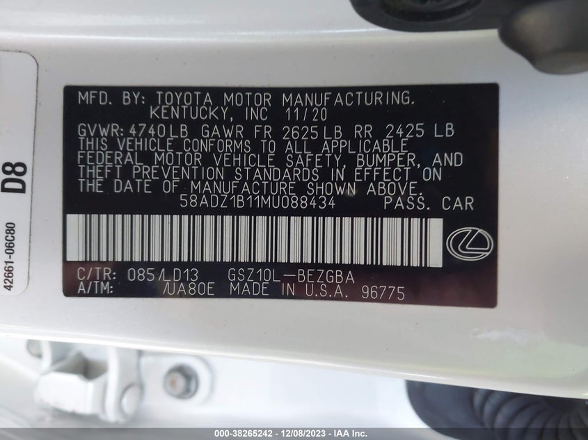 VIN 58ADZ1B11MU088434 2021 LEXUS ES 350
