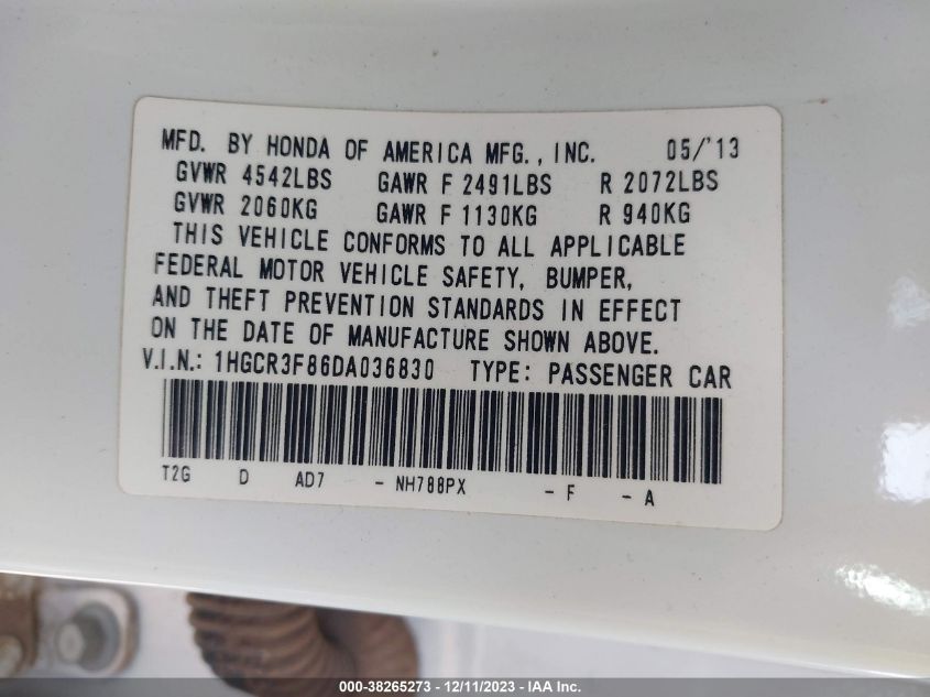 2013 HONDA ACCORD EX-L V-6 - 1HGCR3F86DA036830
