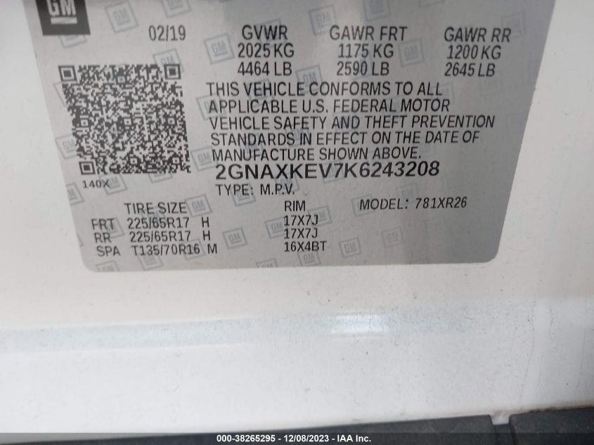 2019 CHEVROLET EQUINOX LT - 2GNAXKEV7K6243208