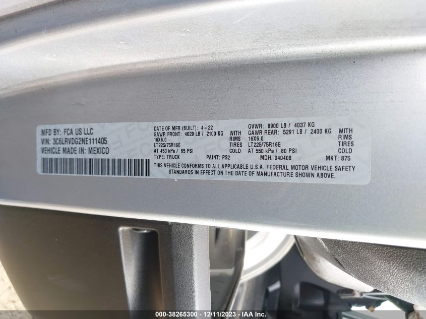 2022 RAM PROMASTER 2500 2500 HIGH 3C6LRVDG2NE111405
