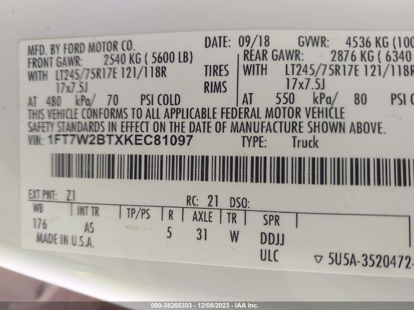 2019 FORD F-250 XL - 1FT7W2BTXKEC81097