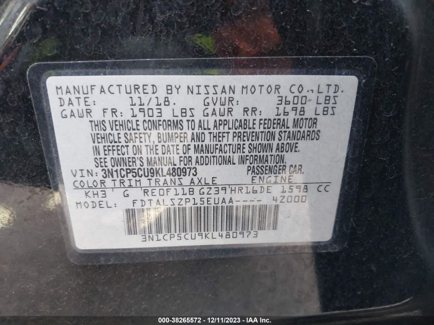 VIN 3N1CP5CU9KL480973 2019 NISSAN KICKS S/SR/SV