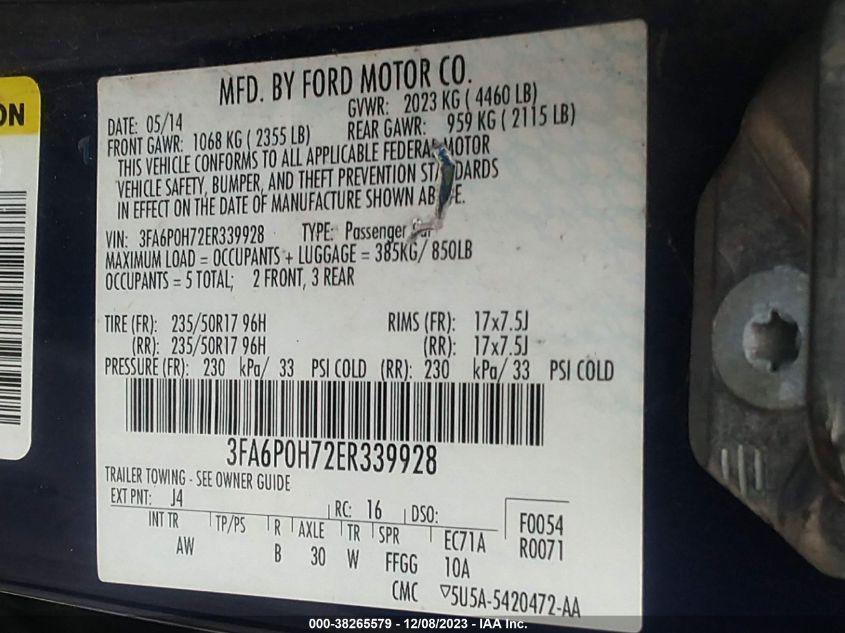 2014 FORD FUSION SE - 3FA6P0H72ER339928