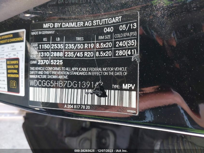 2013 MERCEDES-BENZ GLK 350 WDCGG5HB7DG139143
