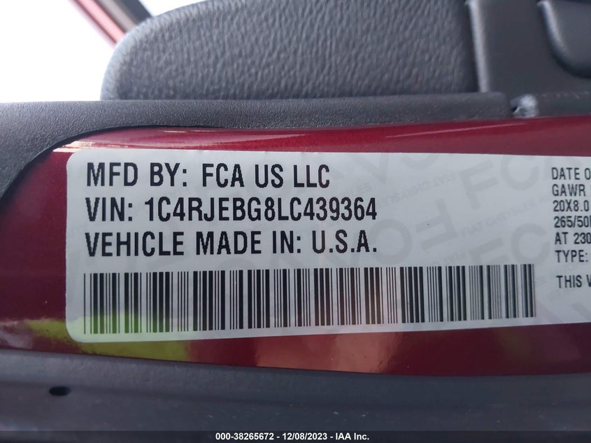 VIN 1C4RJEBG8LC439364 2020 JEEP GRAND CHEROKEE LIMITED