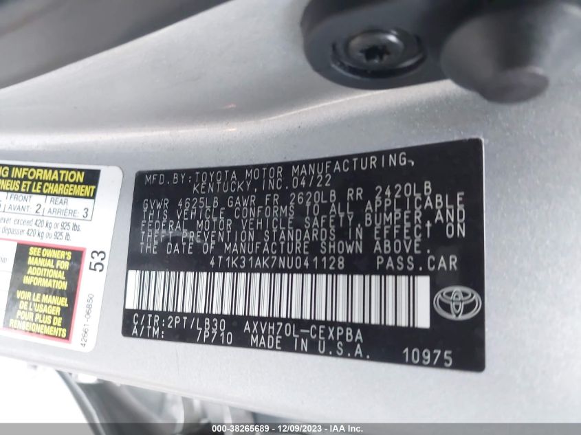 2022 TOYOTA CAMRY XSE - 4T1K31AK7NU041128