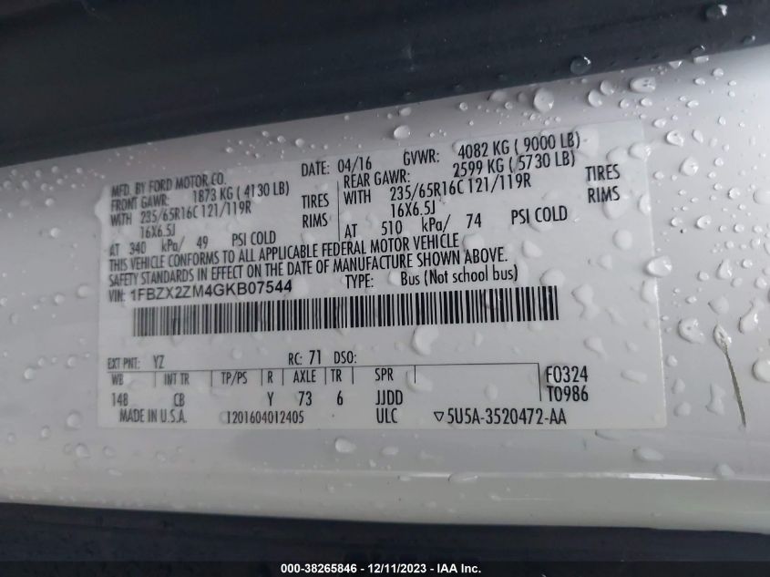 2016 FORD TRANSIT-350 XLT - 1FBZX2ZM4GKB07544