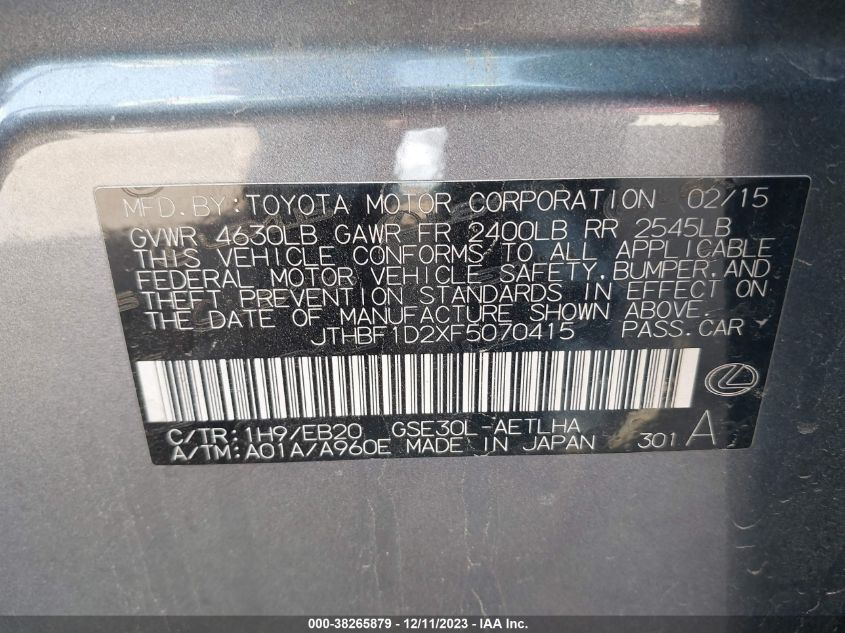2015 LEXUS IS 250 - JTHBF1D2XF5070415