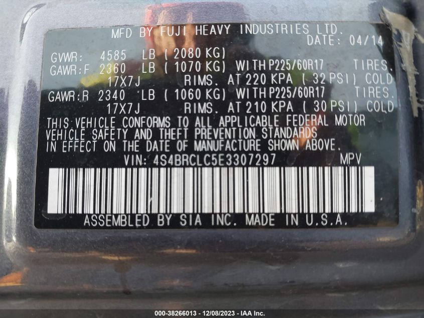 2014 SUBARU OUTBACK 2.5I LIMITED - 4S4BRCLC5E3307297