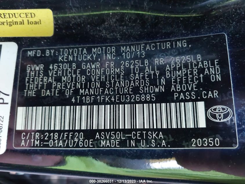 2014 TOYOTA CAMRY SE - 4T1BF1FK4EU326885