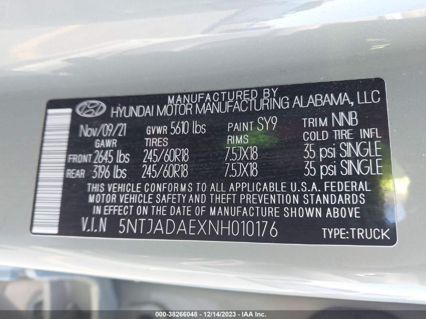 2022 HYUNDAI SANTA CRUZ SE - 5NTJADAEXNH010176