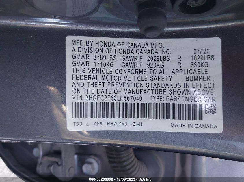 2020 HONDA CIVIC LX - 002HGFC2F63LH5670
